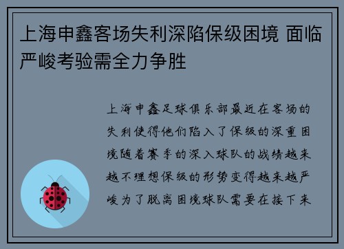 上海申鑫客场失利深陷保级困境 面临严峻考验需全力争胜