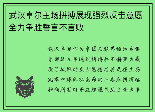 武汉卓尔主场拼搏展现强烈反击意愿全力争胜誓言不言败